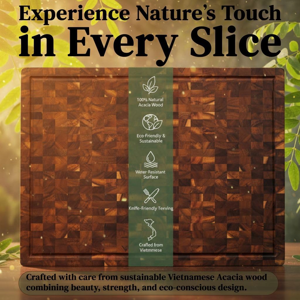 End Grain Acacia Wood Cutting Board 14" x 10" x 1.5", Thick Butcher Block with Deep Juice Groove & Handles. Knife Friendly Solid Hardwood Board for Meat, Chopping, Carving & BBQ by New M Way