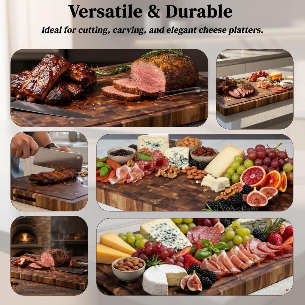 End Grain Acacia Wood Cutting Board 14" x 10" x 1.5", Thick Butcher Block with Deep Juice Groove & Handles. Knife Friendly Solid Hardwood Board for Meat, Chopping, Carving & BBQ by New M Way