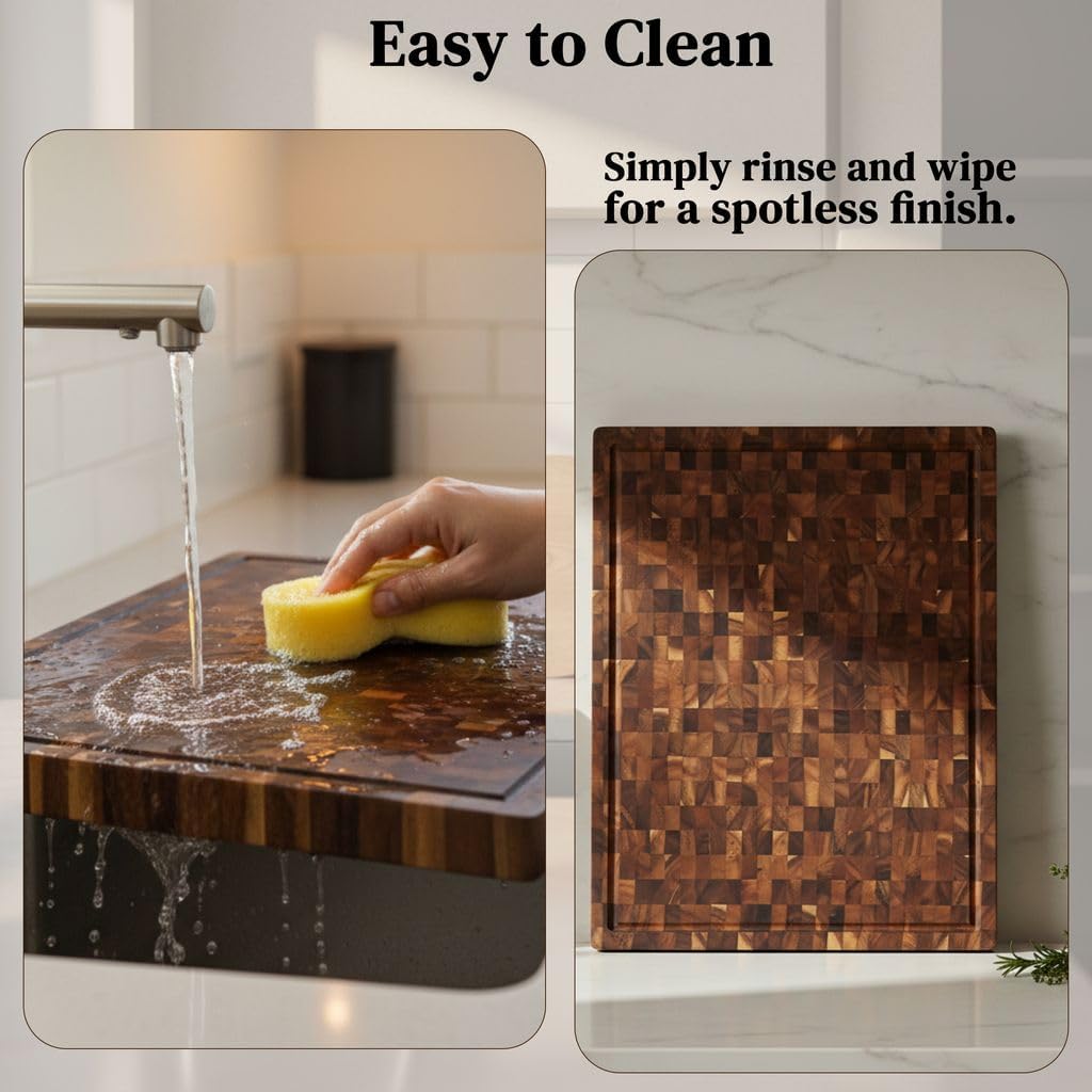 End Grain Acacia Wood Cutting Board 14" x 10" x 1.5", Thick Butcher Block with Deep Juice Groove & Handles. Knife Friendly Solid Hardwood Board for Meat, Chopping, Carving & BBQ by New M Way