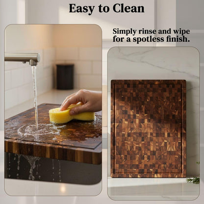 End Grain Acacia Wood Cutting Board 14" x 10" x 1.5", Thick Butcher Block with Deep Juice Groove & Handles. Knife Friendly Solid Hardwood Board for Meat, Chopping, Carving & BBQ by New M Way