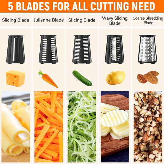 Rotary Cheese Grater Hand Crank, 5-in-1 Vegetable Shredder Chopper Spiralizer Slicer with 5 Interchangeable Blades for Vegetable, Cheese, Fruit, with Blades Storage Box & Stable Suction Base (Black)