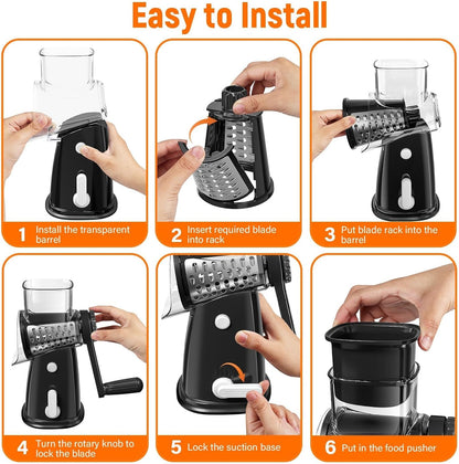 Rotary Cheese Grater Hand Crank, 5-in-1 Vegetable Shredder Chopper Spiralizer Slicer with 5 Interchangeable Blades for Vegetable, Cheese, Fruit, with Blades Storage Box & Stable Suction Base (Black)