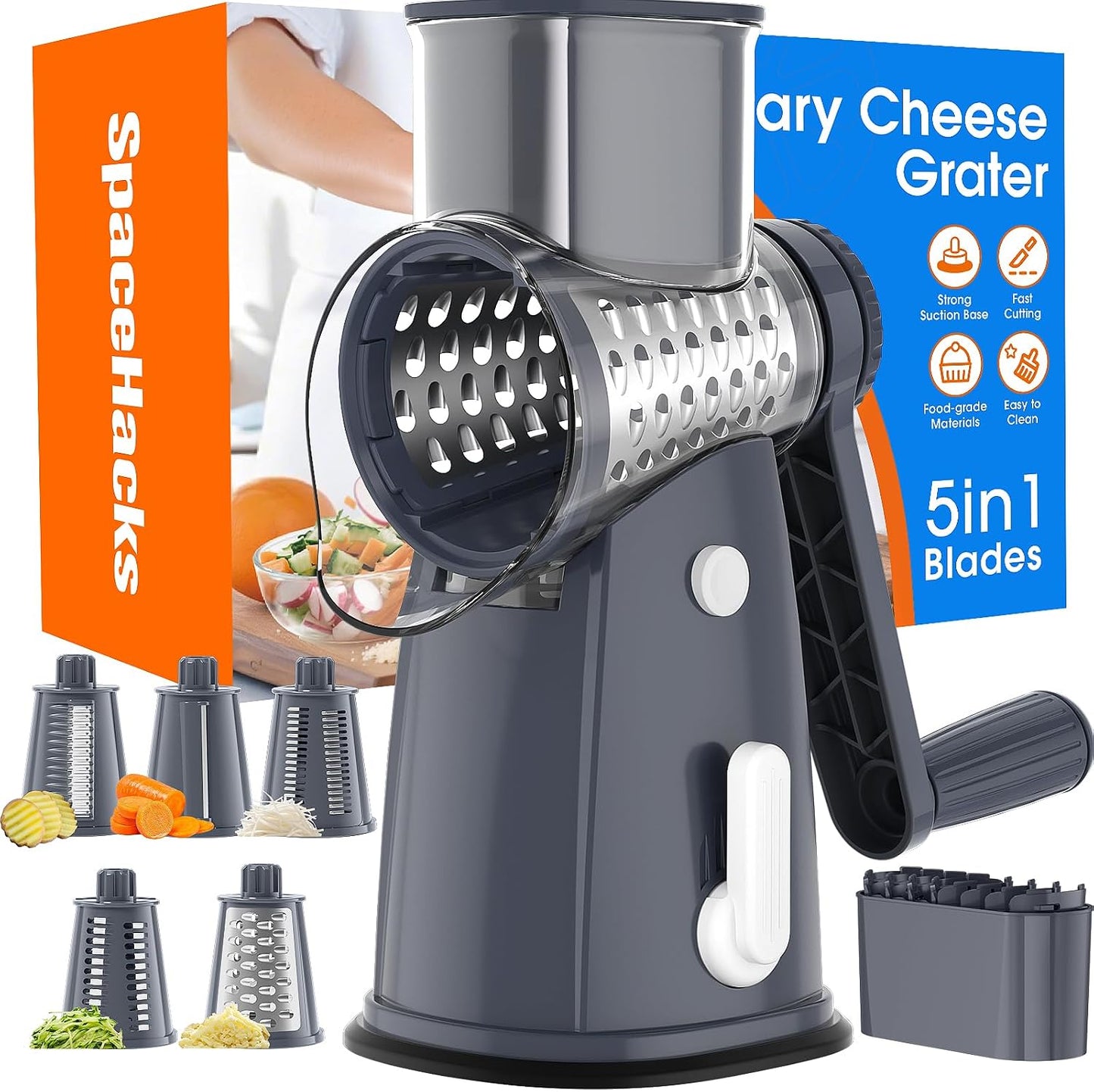 Rotary Cheese Grater Hand Crank, 5-in-1 Vegetable Shredder Chopper Spiralizer Slicer with 5 Interchangeable Blades for Vegetable, Cheese, Fruit, with Blades Storage Box & Stable Suction Base (Black)