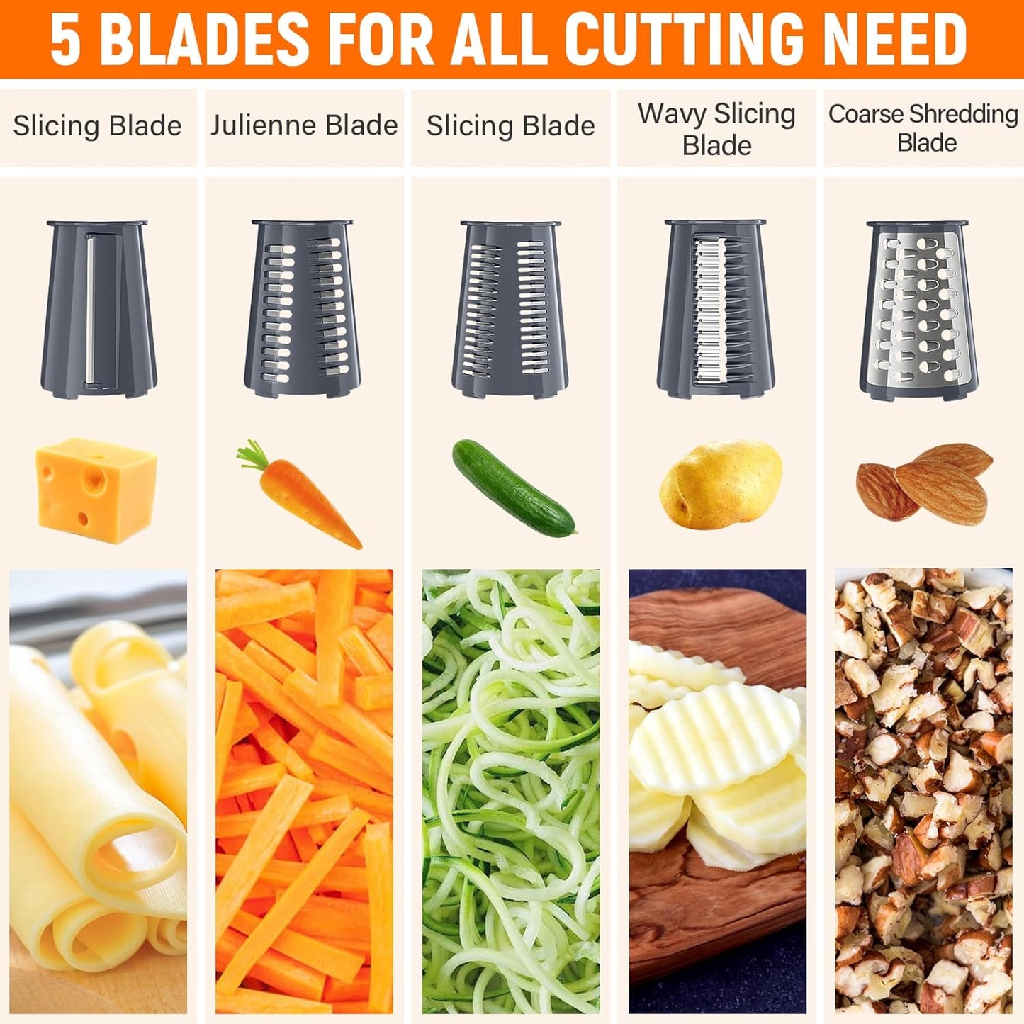 Rotary Cheese Grater Hand Crank, 5-in-1 Vegetable Shredder Chopper Spiralizer Slicer with 5 Interchangeable Blades for Vegetable, Cheese, Fruit, with Blades Storage Box & Stable Suction Base (Black)