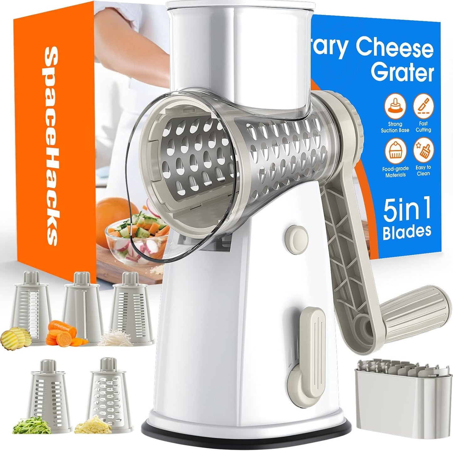 Rotary Cheese Grater Hand Crank, 5-in-1 Vegetable Shredder Chopper Spiralizer Slicer with 5 Interchangeable Blades for Vegetable, Cheese, Fruit, with Blades Storage Box & Stable Suction Base (Black)