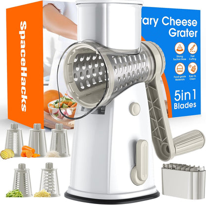 Rotary Cheese Grater Hand Crank, 5-in-1 Vegetable Shredder Chopper Spiralizer Slicer with 5 Interchangeable Blades for Vegetable, Cheese, Fruit, with Blades Storage Box & Stable Suction Base (Black)
