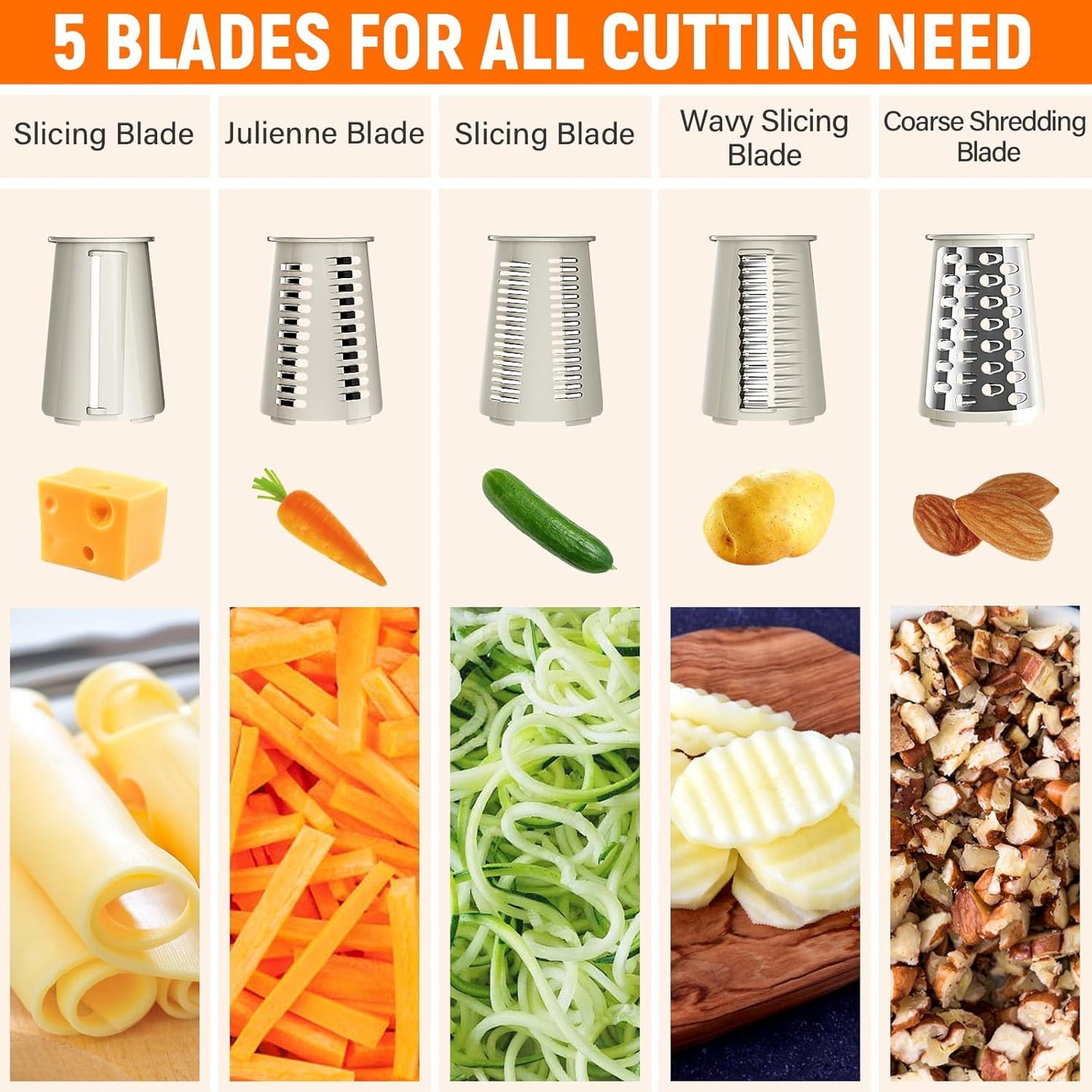 Rotary Cheese Grater Hand Crank, 5-in-1 Vegetable Shredder Chopper Spiralizer Slicer with 5 Interchangeable Blades for Vegetable, Cheese, Fruit, with Blades Storage Box & Stable Suction Base (Black)