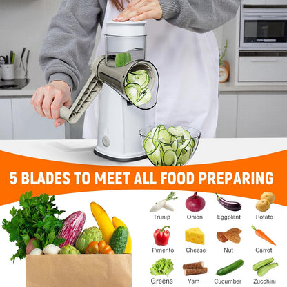 Rotary Cheese Grater Hand Crank, 5-in-1 Vegetable Shredder Chopper Spiralizer Slicer with 5 Interchangeable Blades for Vegetable, Cheese, Fruit, with Blades Storage Box & Stable Suction Base (Black)