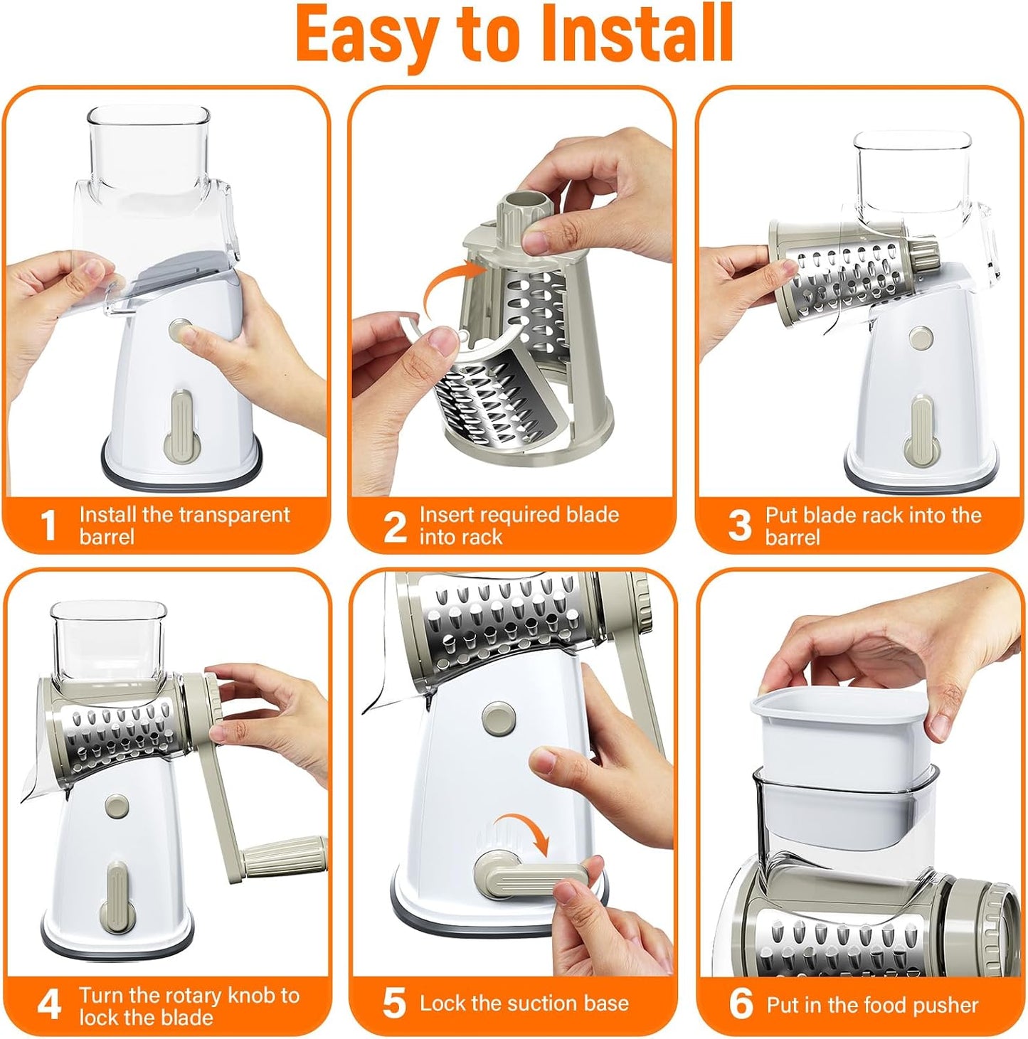 Rotary Cheese Grater Hand Crank, 5-in-1 Vegetable Shredder Chopper Spiralizer Slicer with 5 Interchangeable Blades for Vegetable, Cheese, Fruit, with Blades Storage Box & Stable Suction Base (Black)