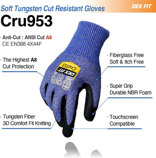 Level A8 Steel Cut Resistant Gloves Cru953, 3D-Comfort Stretchy Fit, Power Grip, Thin, Touch-Screen Compatible, Durable, Machine Washable; Steel Blue M 1 Pair