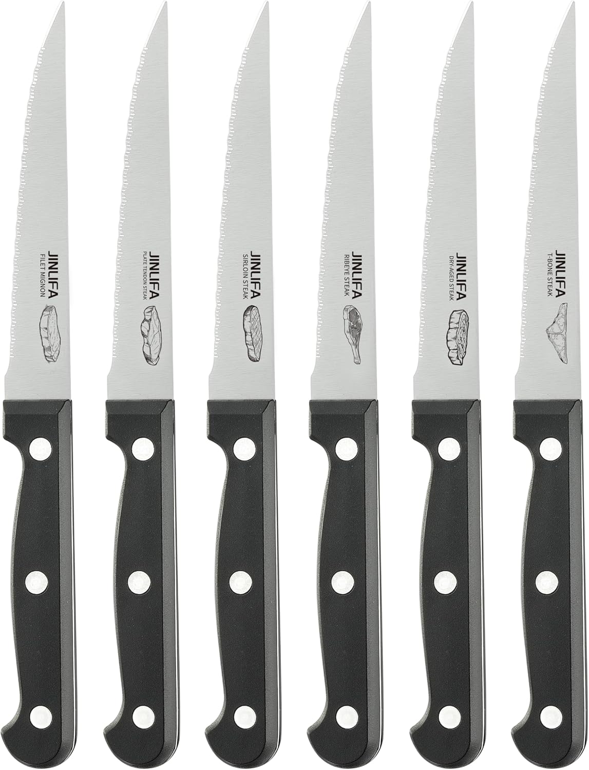 Steak Knives Set of 6, Stainless Steel Serrated Steak Knife Set (Unique Pattern on Each Blade)