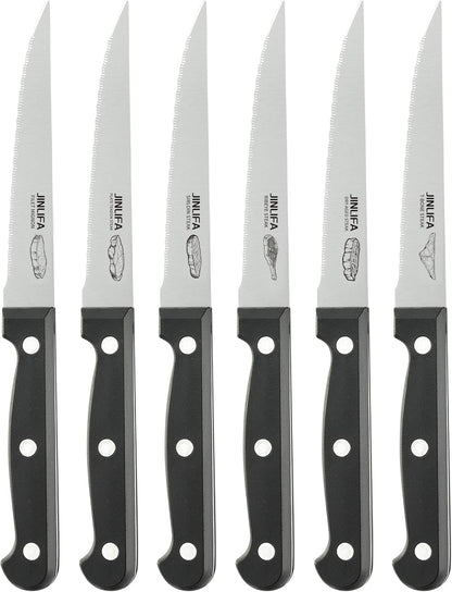 Steak Knives Set of 6, Stainless Steel Serrated Steak Knife Set (Unique Pattern on Each Blade)