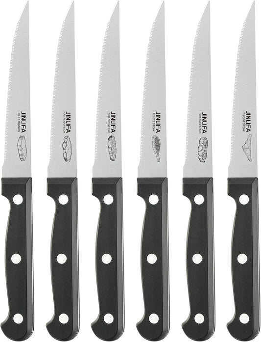 Steak Knives Set of 6, Stainless Steel Serrated Steak Knife Set (Unique Pattern on Each Blade)