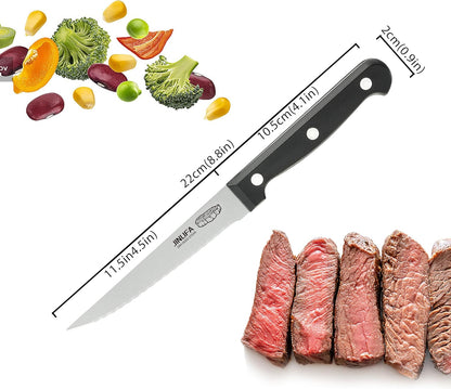 Steak Knives Set of 6, Stainless Steel Serrated Steak Knife Set (Unique Pattern on Each Blade)