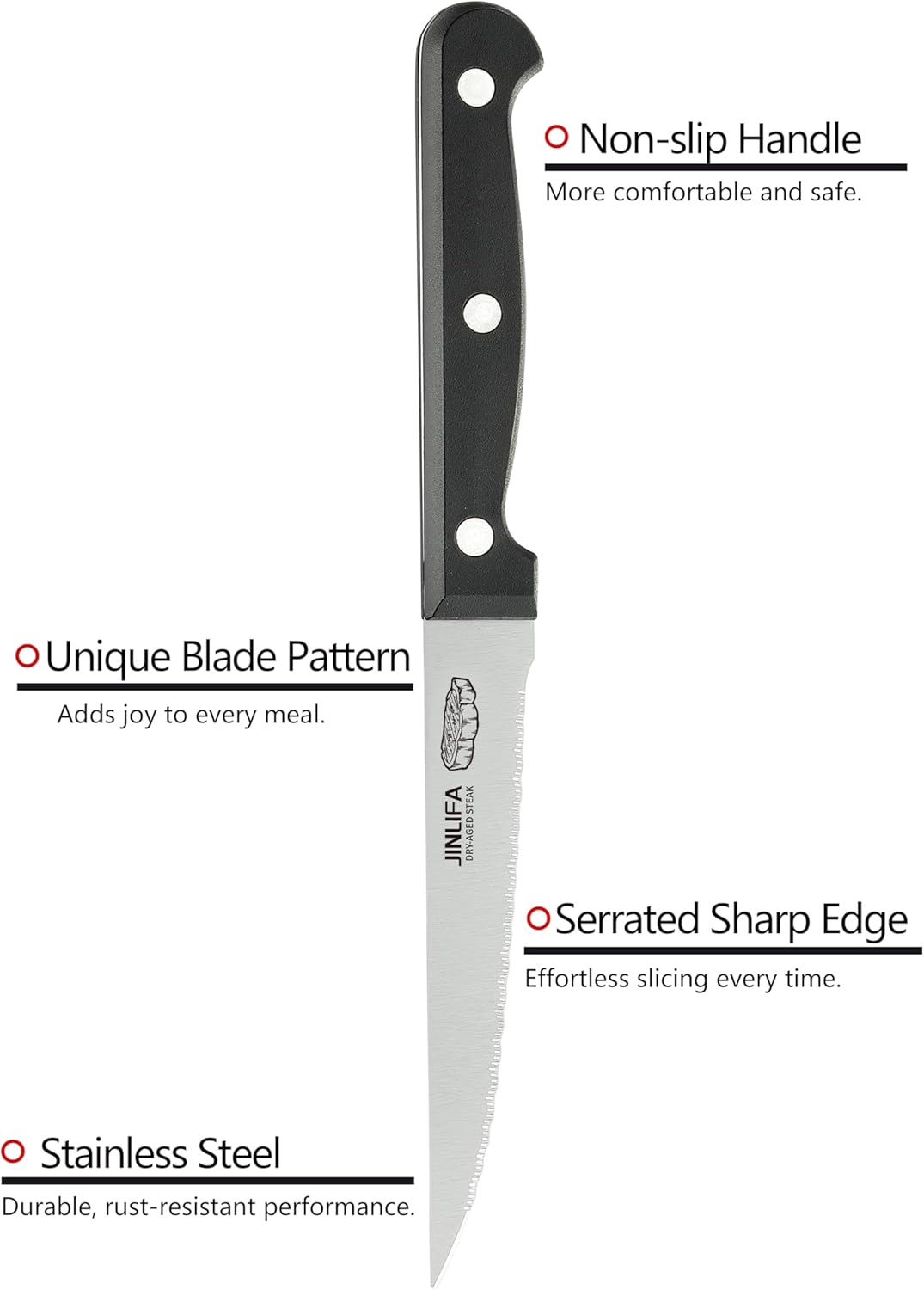 Steak Knives Set of 6, Stainless Steel Serrated Steak Knife Set (Unique Pattern on Each Blade)
