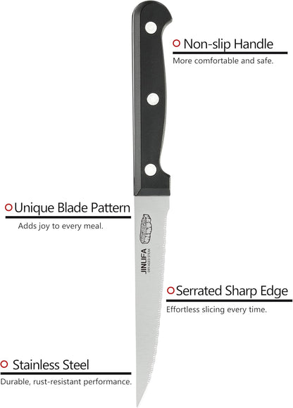 Steak Knives Set of 6, Stainless Steel Serrated Steak Knife Set (Unique Pattern on Each Blade)
