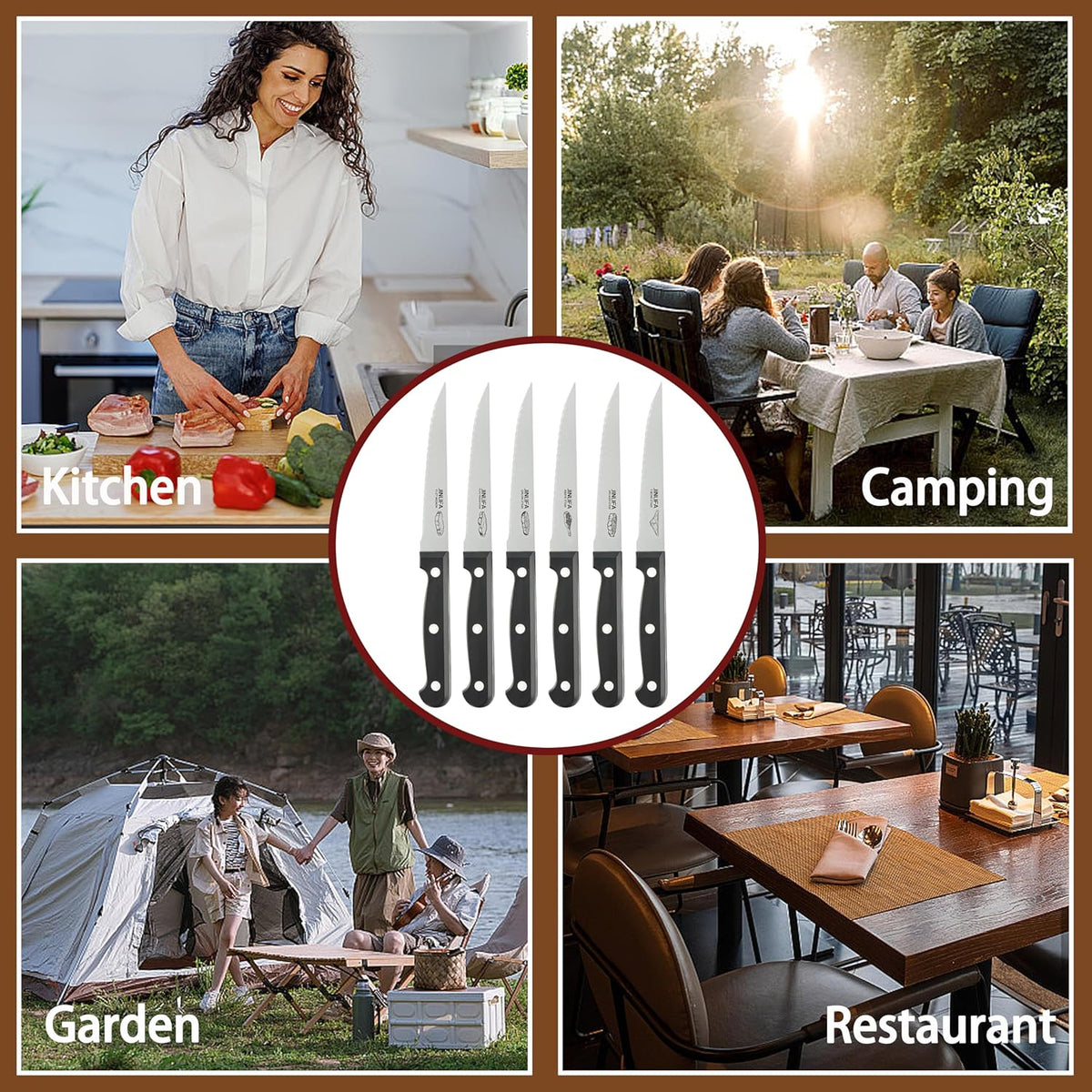 Steak Knives Set of 6, Stainless Steel Serrated Steak Knife Set (Unique Pattern on Each Blade)