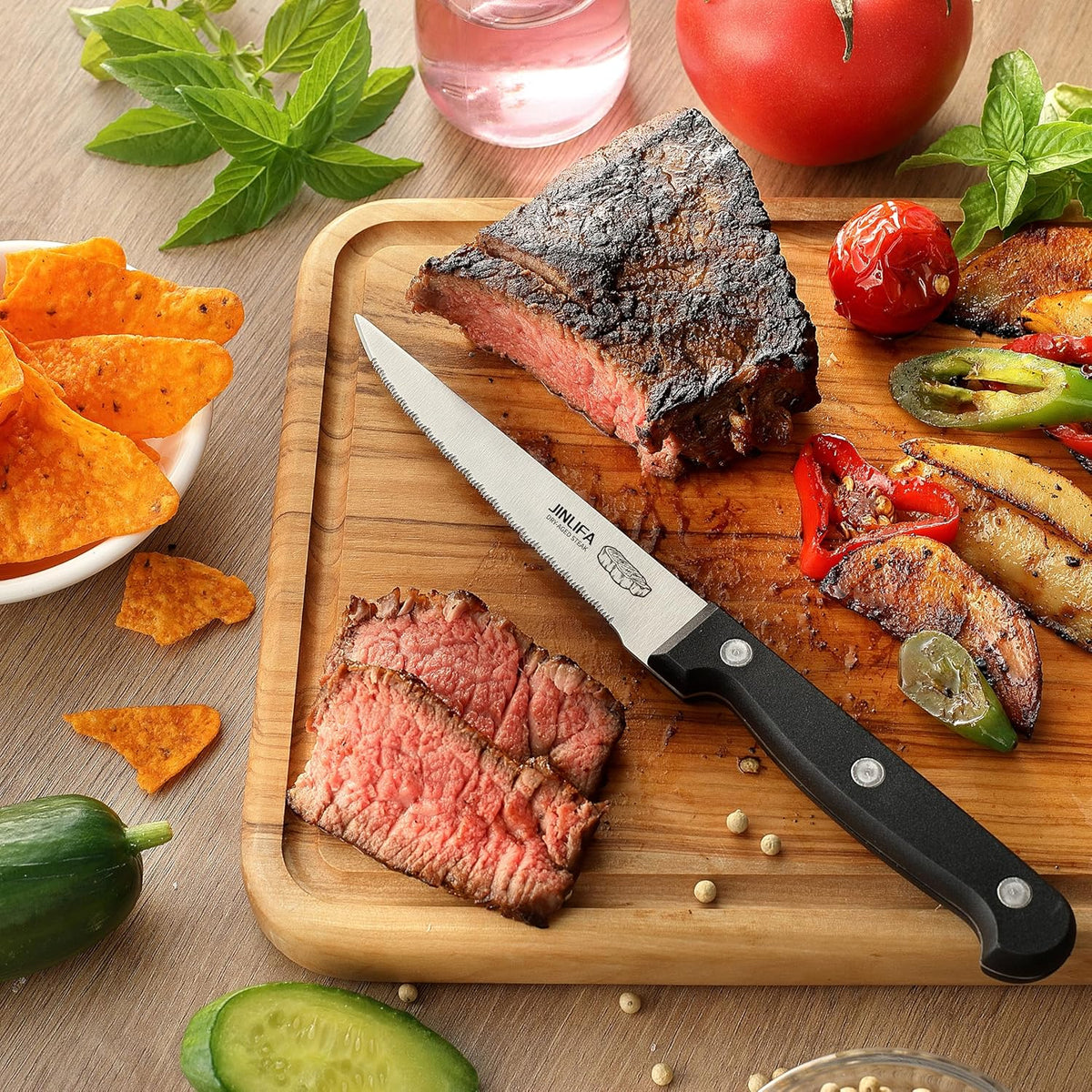 Steak Knives Set of 6, Stainless Steel Serrated Steak Knife Set (Unique Pattern on Each Blade)