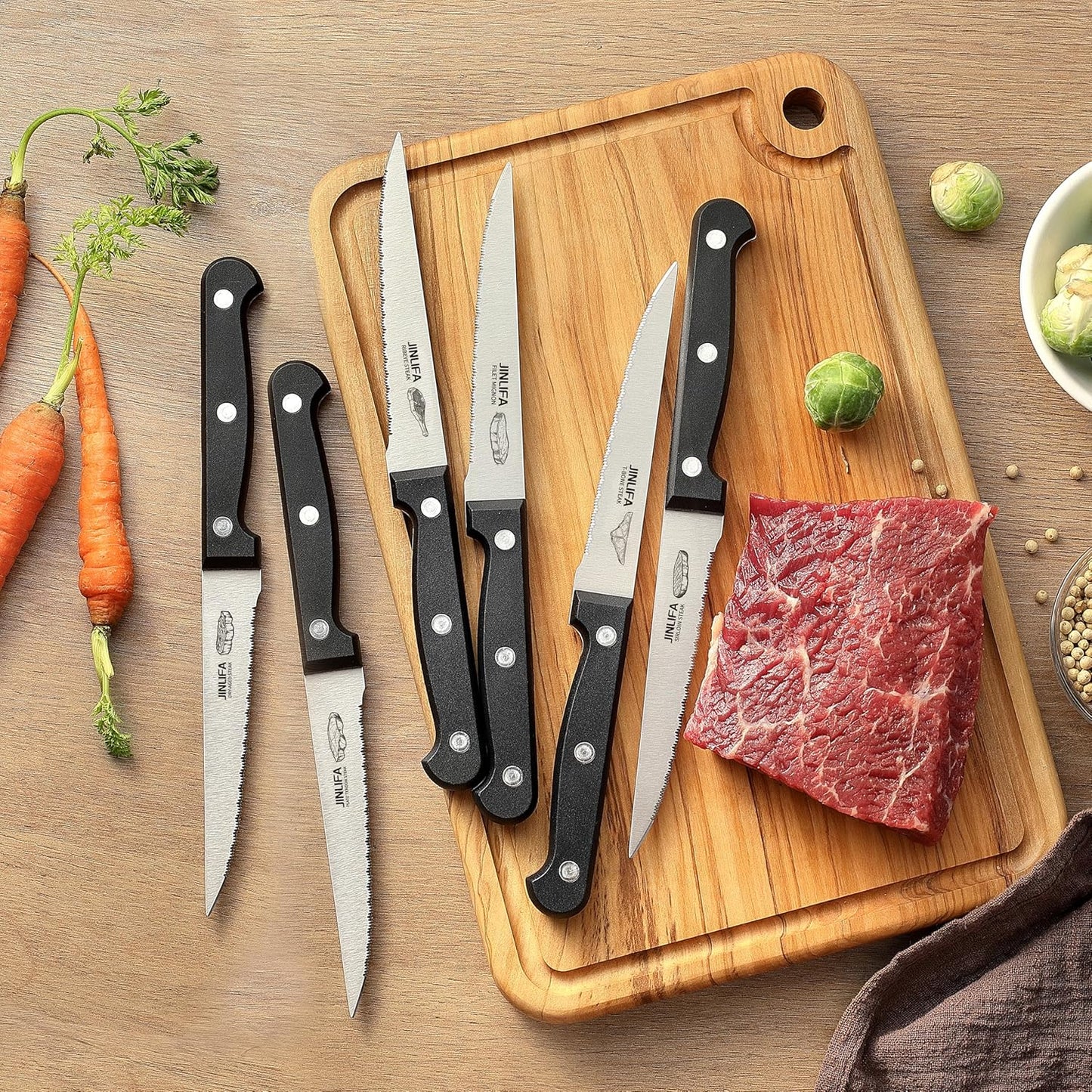 Steak Knives Set of 6, Stainless Steel Serrated Steak Knife Set (Unique Pattern on Each Blade)