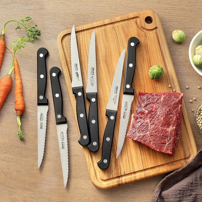 Steak Knives Set of 6, Stainless Steel Serrated Steak Knife Set (Unique Pattern on Each Blade)