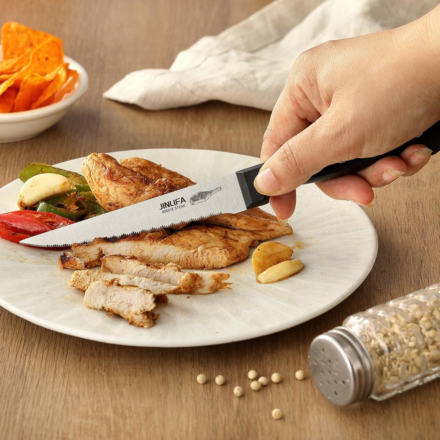 Steak Knives Set of 6, Stainless Steel Serrated Steak Knife Set (Unique Pattern on Each Blade)