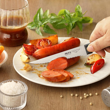 Steak Knives Set of 6, Stainless Steel Serrated Steak Knife Set (Unique Pattern on Each Blade)