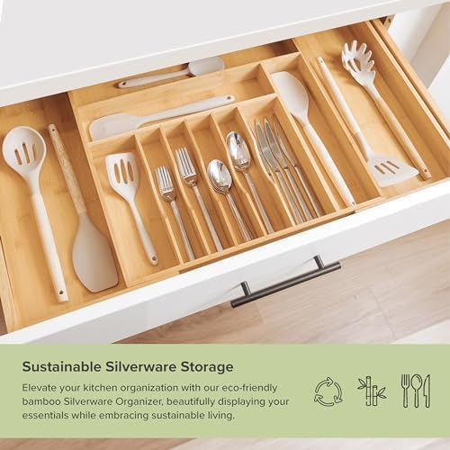 KitchenEdge Premium Silverware, Flatware and Utensil Organizer for Kitchen Drawers, Food-Safe Contract Grade, Expandable from 18 to 33 In, Gray Bamboo