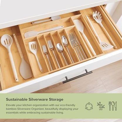 KitchenEdge Premium Silverware, Flatware and Utensil Organizer for Kitchen Drawers, Food-Safe Contract Grade, Expandable from 18 to 33 In, Gray Bamboo