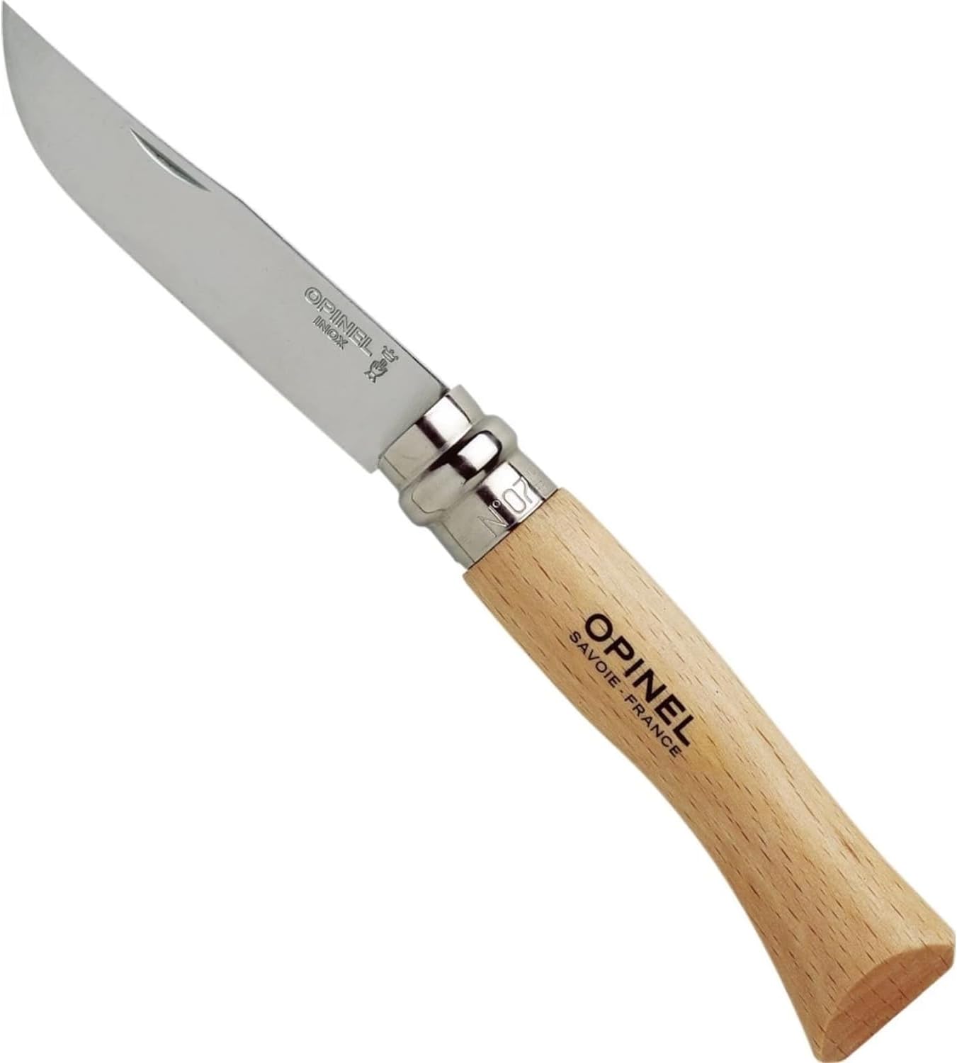 Opinel No. 08 INOX - Sandvik Stainless Steel Folding Pocket Knife, Beechwood Handle, 3.28 in Blade, Virobloc Safety Locking Collar, Made in France