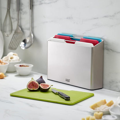 Joseph Joseph Folio Plastic Kitchen Cutting Board Set with Storage Case Color-Coded Easy-Access Design Dishwasher Safe Non-Slip, Large, Silver