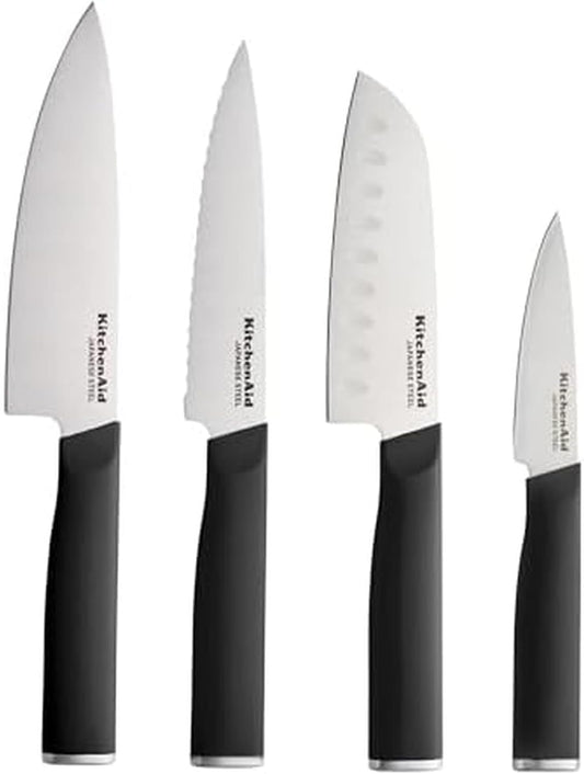 KitchenAid Chef Set with Custom Fit Covers, Sharp Kitchen Knife, High-Carbon Japanese Stainless Steel Blade, 4 Piece, Black