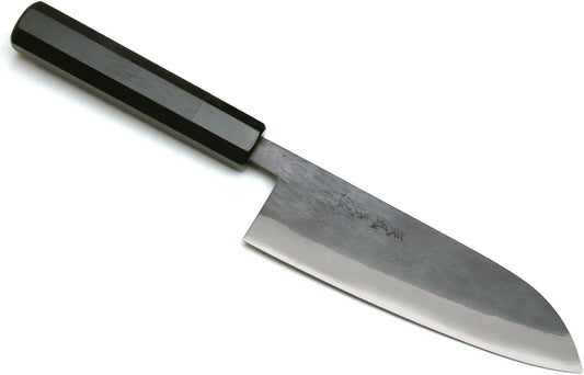 Yoshihiro Kurouchi Black-Forged Blue Steel Stainless Clad Santoku Multipurpose Knife Ebony Handle (6.5'' (165mm) & Saya)