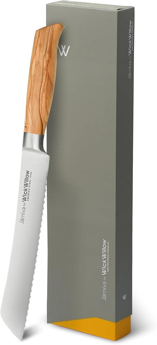 WICKWILLOW 8 Inch Bread Knife – 14C28N Steel with Italian Olive Wood Handle – Double Serrated Knife for Sourdough & Homemade Bread – Gift Box – Jarniva Series