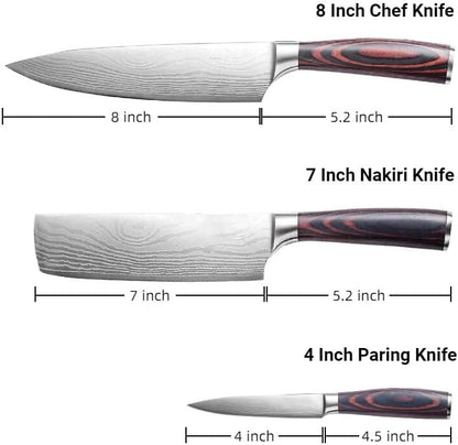 3 Pieces Knife Set, High Carbon Stainless Steel Professional Kitchen Knife Set, Ultra Sharp Chef Knives Sets with Ergonomic Wooden Handle