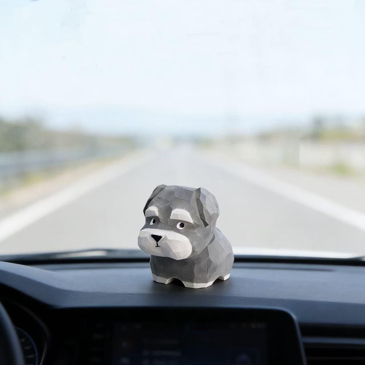 Hand-Carved Wooden Teddy Dog Figurine, 2.7" Brown Puppy Statue with Base for Car Dashboard, Desk & Home Decor, Gift for Dog Lovers