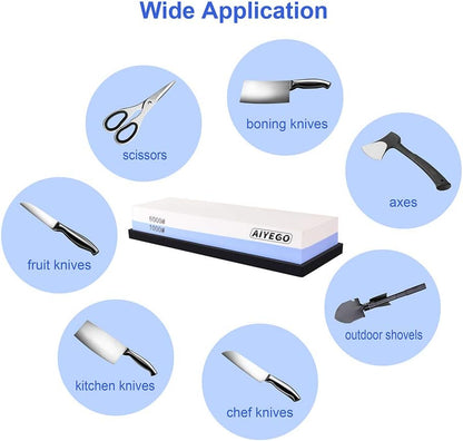Knife Sharpening Stone, 2 Sided Grit 1000/6000 Whetstone Set with Non-slip Silicone Base for Home Kitchen(Blue&White)