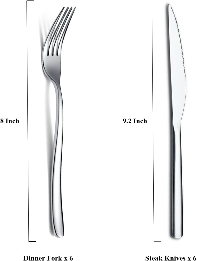 Gold Steak Knives Set 12 Piece, Premium Stainless Steel 6 Dinner Forks and 6 Dinner Knives Set, Steak Knives Steak Forks for 6 Person, Dishwasher Safe (Shiny Gold)