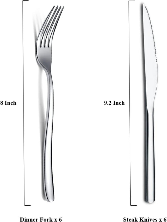 Gold Steak Knives Set 12 Piece, Premium Stainless Steel 6 Dinner Forks and 6 Dinner Knives Set, Steak Knives Steak Forks for 6 Person, Dishwasher Safe (Shiny Gold)