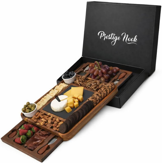 PRESTIGE NOOK- Large Acacia Wood Charcuterie Board- Slate Cheese Board for Wedding House Warming Gift, Wooden Gift for New Home with Knife Accessories Set, Food Tray Platter for Serving Snacks Meat