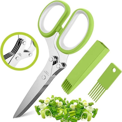 Herb Scissors with 5 Sharp Stainless Steel Blades, for Cutting Chives, Parsley, Basil and more, Includes Cleaning Comb and Safety Cover (Green)