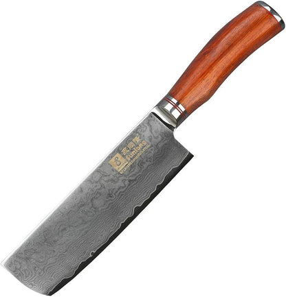 SUNLONG Nakiri Knife Usuba Knife 6.5 Inch Japanese Hammered Damascus Steel 67 Layer Bloodwood Handle