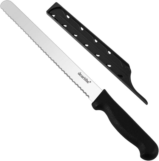 bread knife With Sheath 10 Inch, Black Stainless Steel Sharp Wavy Edge Wide Bread Cutter, For Slicing Homemade Bread, Bagels, Cake,Dishwasher Safe