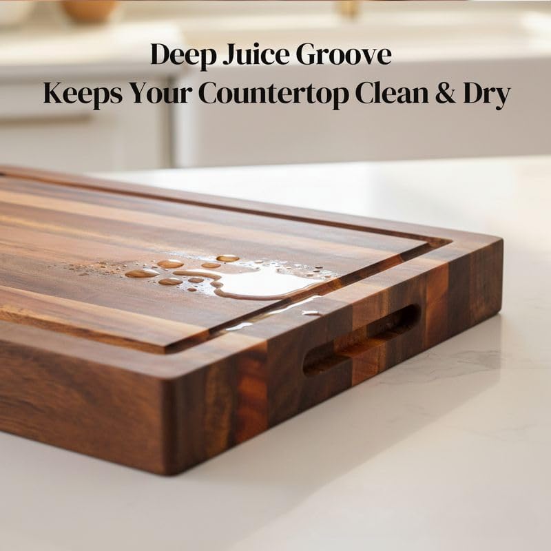 Premium Acacia Wood Butcher Block Cutting Board, 14" x 10" x 1.5" Thick Edge Grain with Deep Juice Groove, Solid Hardwood Serving Platter, Non-Toxic & BPA Free by New M Way