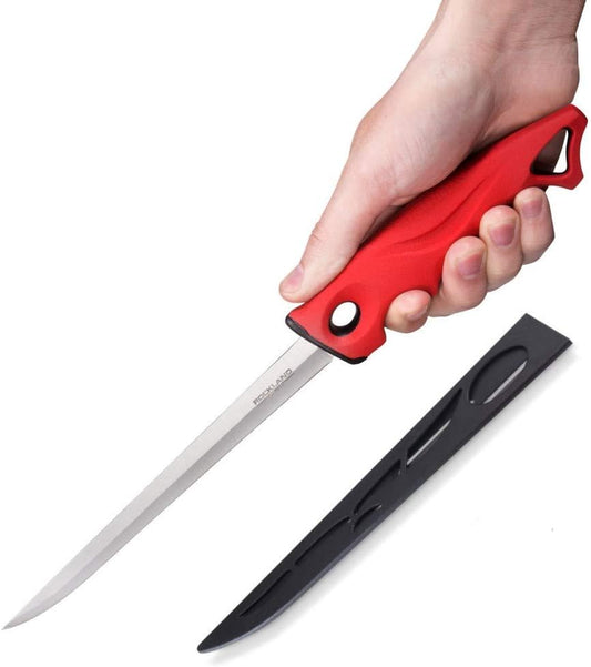 Rockland Guard Narrow Fillet Knife, 8 Inch Blade With Protective Sheath - Non-Slip Easy To Grip Handle, Tapered Flex Stainless Steel Blade.