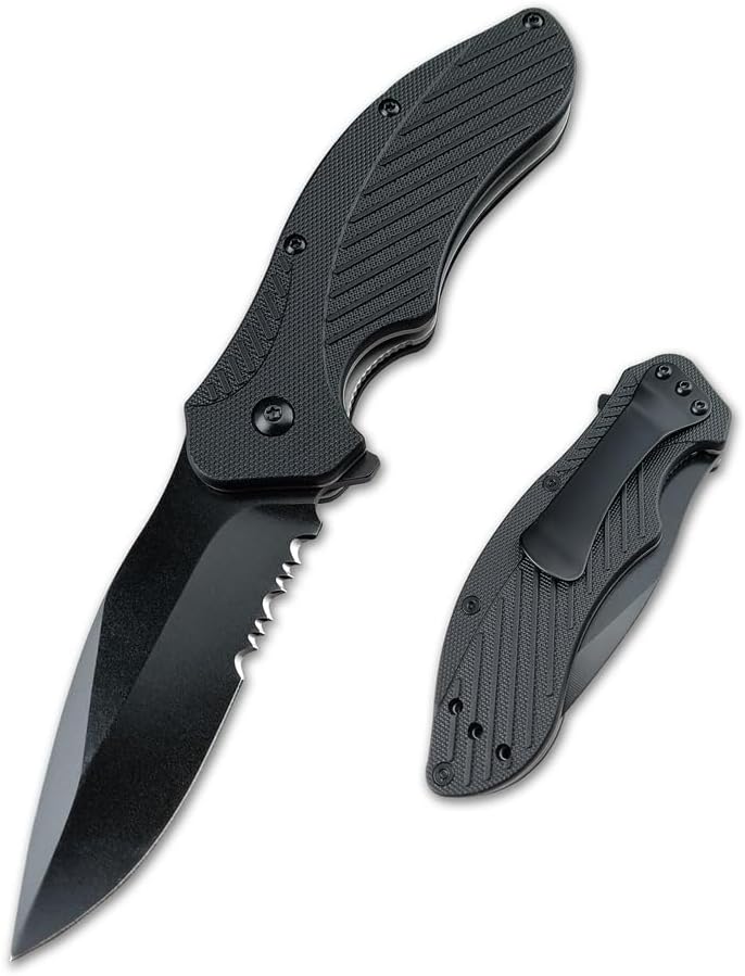 Generic Clash Black Serrated Pocket Folding knife, 3"" 8Cr13MoV Steel Drop Point Blade, Assisted One-Handed Flipper Opening, Utility EDC for Outdoor Camping Survival
