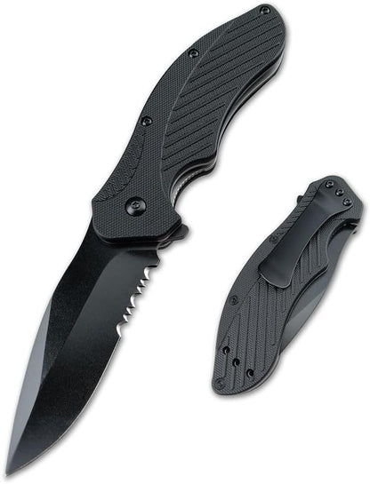 Generic Clash Black Serrated Pocket Folding knife, 3"" 8Cr13MoV Steel Drop Point Blade, Assisted One-Handed Flipper Opening, Utility EDC for Outdoor Camping Survival