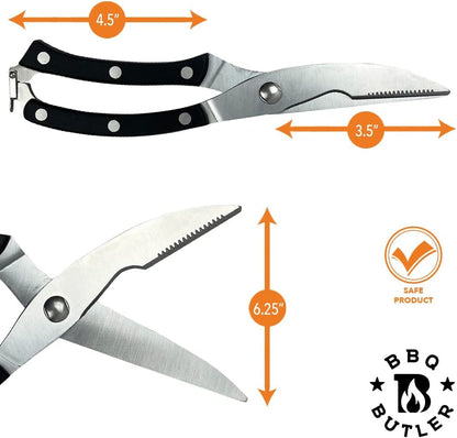 BBQ Butler Poultry Shears - Heavy Duty Chicken Shears - Meat Cutting, Poultry, Spatchcock Scissors - Black
