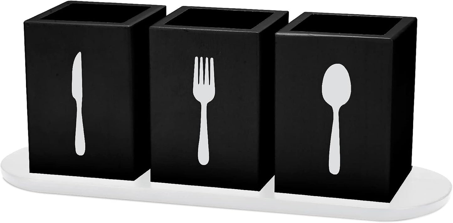 Kathfly 4 Pcs Silverware Caddy Utensil Holder for Countertop Silverware Organizer with Wood Tray Spoon Fork Holder 3. 15 x 3. 15 x 4. 53 Inches of Each Organizer for Kitchen Parties(White)