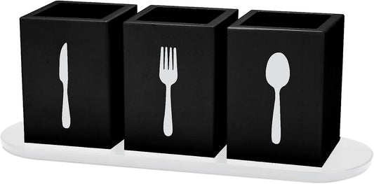 Kathfly 4 Pcs Silverware Caddy Utensil Holder for Countertop Silverware Organizer with Wood Tray Spoon Fork Holder 3. 15 x 3. 15 x 4. 53 Inches of Each Organizer for Kitchen Parties(Retro White)