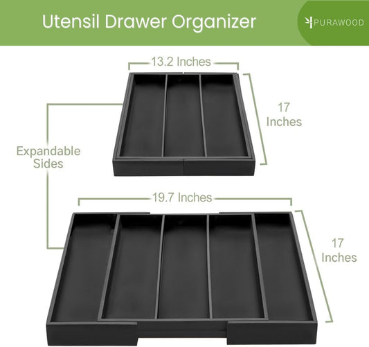 Purawood Kitchen Drawer Organizer with Knife Blocks - Utensil Drawer Organizer for Kitchen, Cutlery Tray & Silverware Organizer, 3-5 Slots - Bamboo Organizer for Utensils & Flatware (Natural)